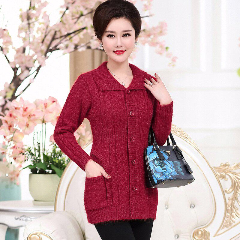 中老年女装妈妈秋冬装开衫外套针织衫大码妈妈装中长款加厚毛线衣