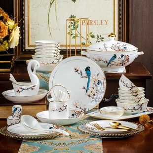 景德镇骨瓷轻奢新中式碗盘碗碟餐具套装家用金边陶瓷碗筷组合喜鹊