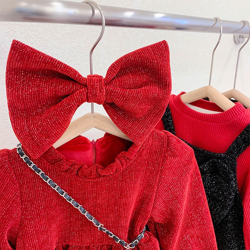 女童连衣裙秋冬装新年加绒加厚女宝宝洋气公主裙儿童闪闪礼服裙子