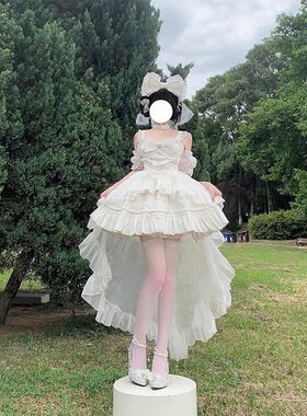 蔷薇物语白色Lolita洋装jsk吊带拖尾连衣裙生日礼在逃公主裙短款