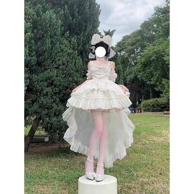 白色Lolita洋装jsk吊带拖尾连衣裙生日成人礼在逃蓬蓬公主裙短款