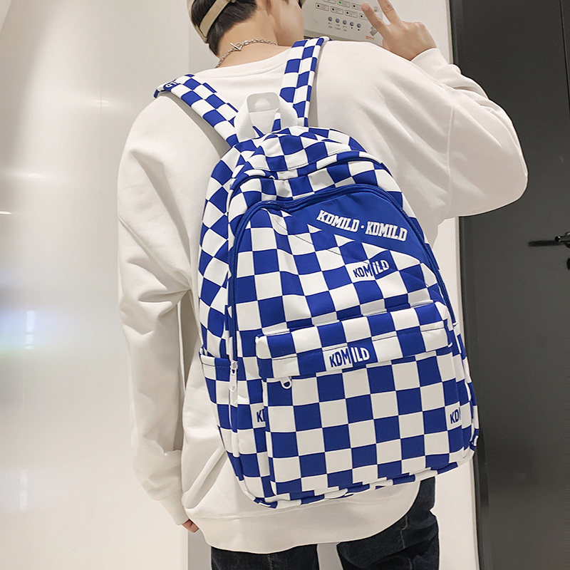 现货速发高颜值棋盘格书包初中生大容量克莱因蓝小众设计感大学生