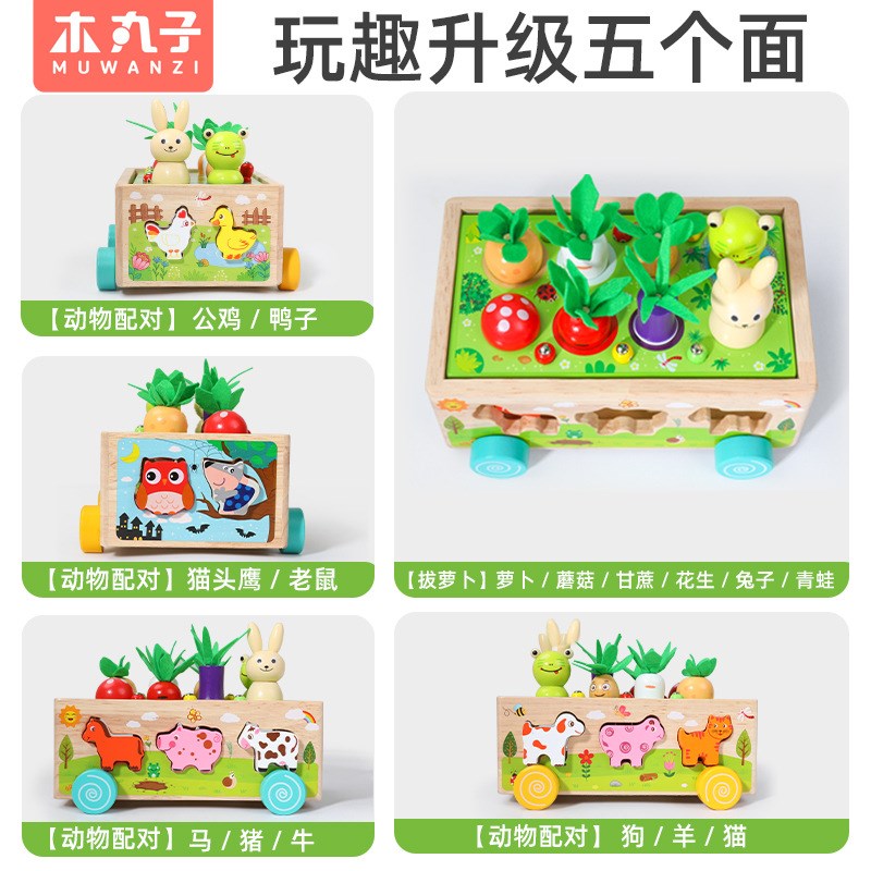 速发木制玩具农场动物车拔萝物状虫子玩具动卜认知形抓配对益智玩