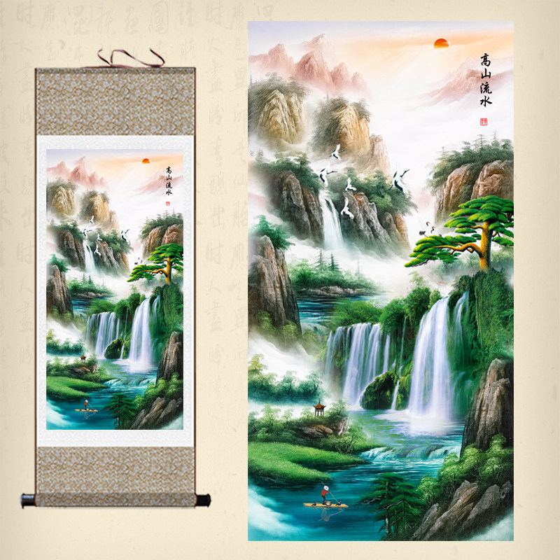 速发招财画山水画丝绸卷轴画客厅店铺字画国画高山流水挂画已装裱