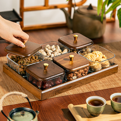 速发胡桃木托盘果盘干果盘奢轻水颜值点心碟高果盘客厅带盖子