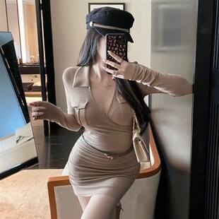 速发纯欲感包臀裙性感人味连衣裙长袖V领辣妹设计风店夜街头短裙