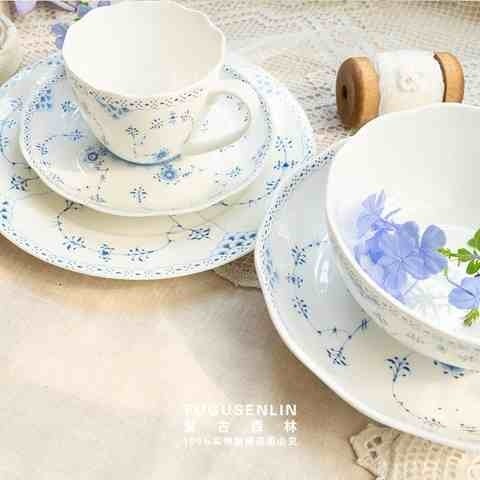 速发丹麦经典唐草骨瓷咖啡杯碟下午茶早餐西餐甜品盘家用饭碗面碗