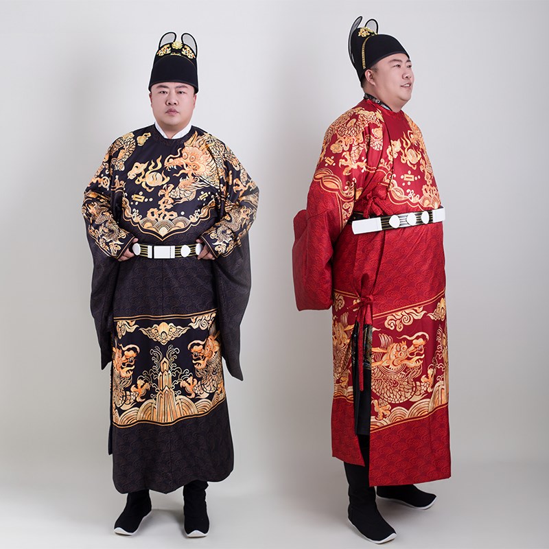 现货速发明制圆领袍男士汉服红色中式婚服宽松大襟四团龙纹补服曳