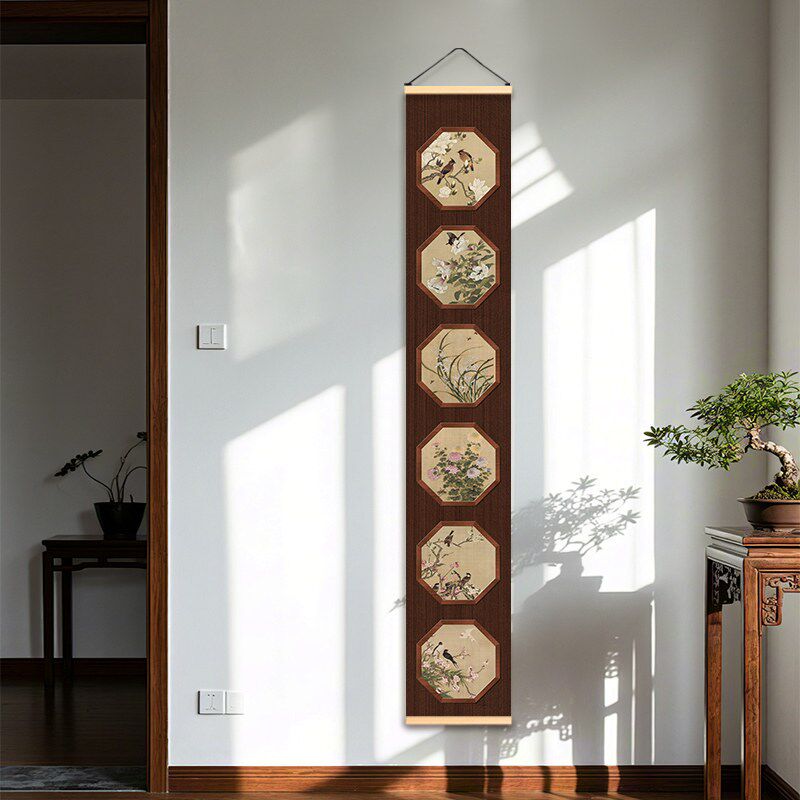 速发竖版装饰画客厅走廊墙上入户门中式植物花鸟竖式墙面布艺挂帘