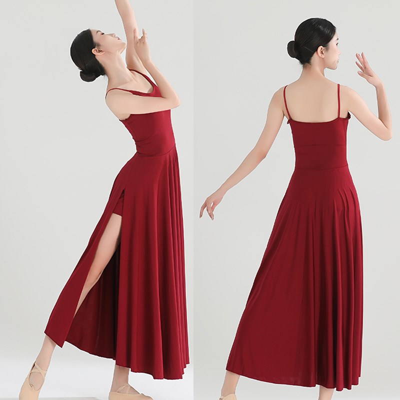 速发中国风出舞典舞者练功服酒红色吊带弹力连衣裙表演古跳舞