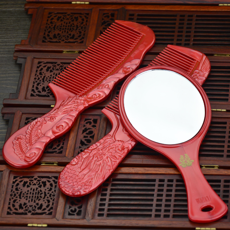 速发婚庆用品结婚镜子套色化妆镜梳子娘嫁妆龙凤梳新一对方陪嫁红