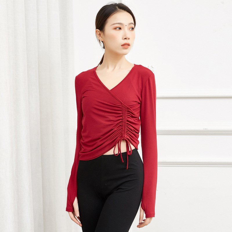 现货速发舞蹈服练功服V领抽绳套指长袖中国舞古典舞形体训练服