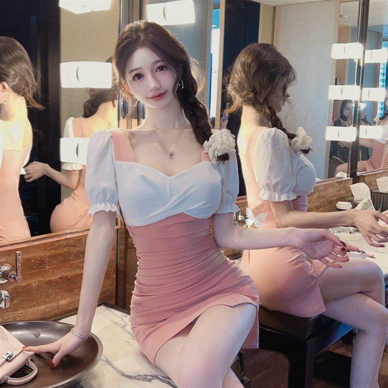 速发性感棉质弹力紧身包臀小个子收腰打底短款连衣裙夜场店上班装