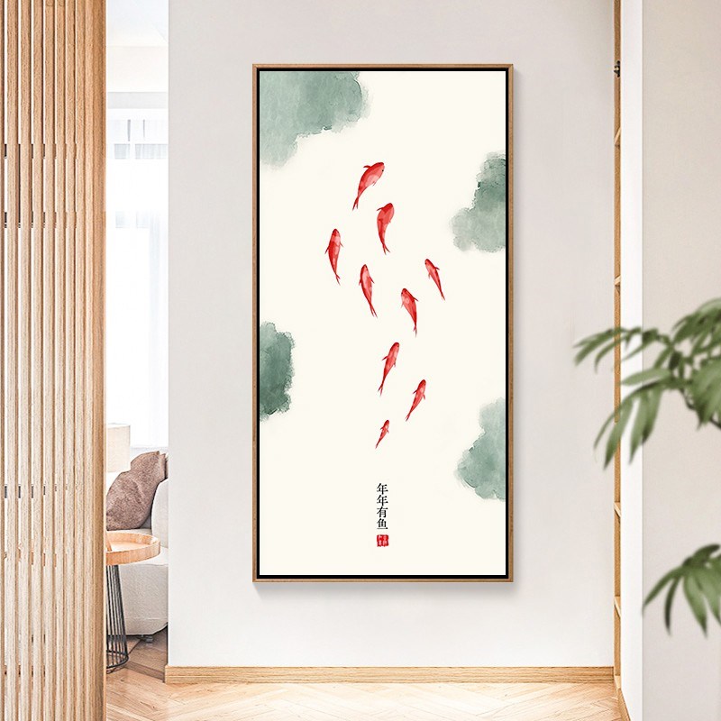 现货速发新中式九鱼图玄关画进门入户装饰画年年有鱼走廊挂画楼梯图片