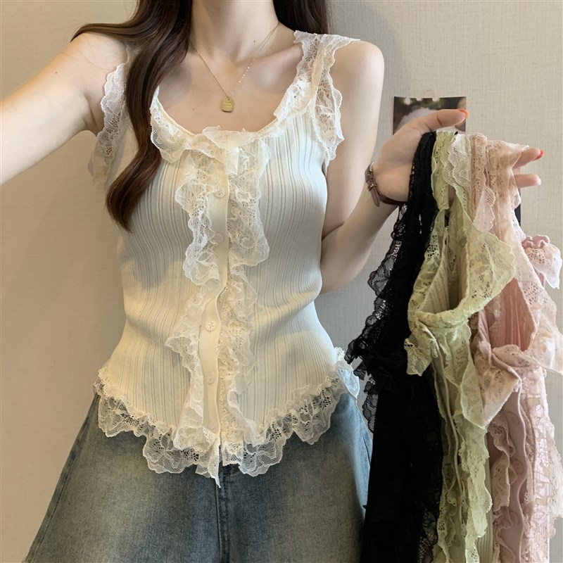 速发大码蕾丝花边针织打底无夏带背心法式吊季衫袖内搭上衣