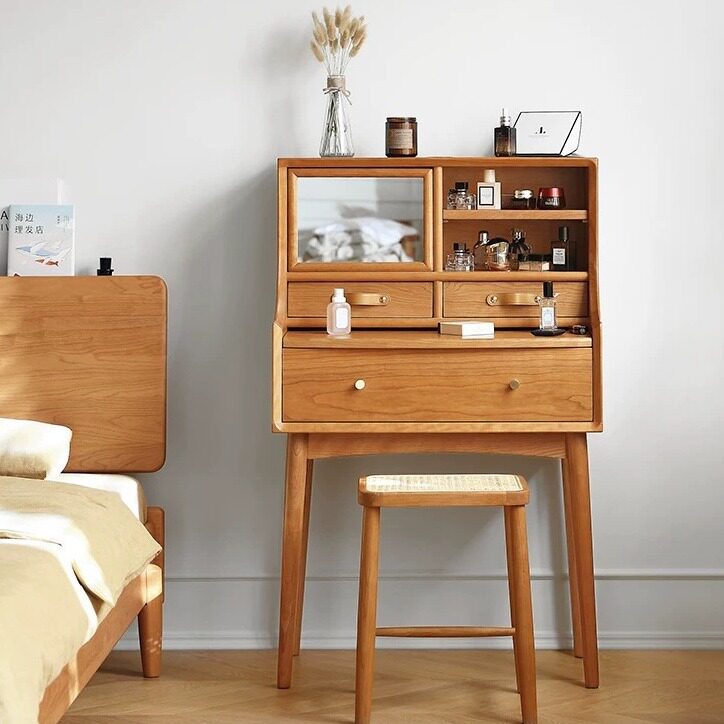 北欧樱桃木梳妆台卧室化妆桌日式现代简约小户型网红实木化妆台