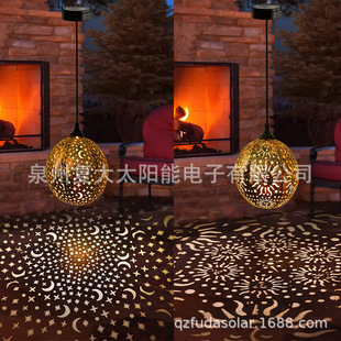 跨境太阳能星星 月亮镂空水滴吊灯 LED星月圆球花园挂灯带光控