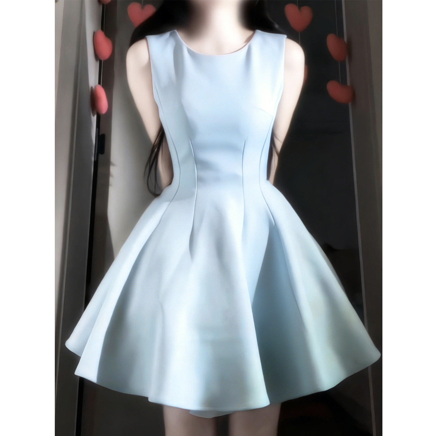 蓝色a字短裙子女早春绝美漂亮小个子收腰生日礼服无袖背心连衣裙