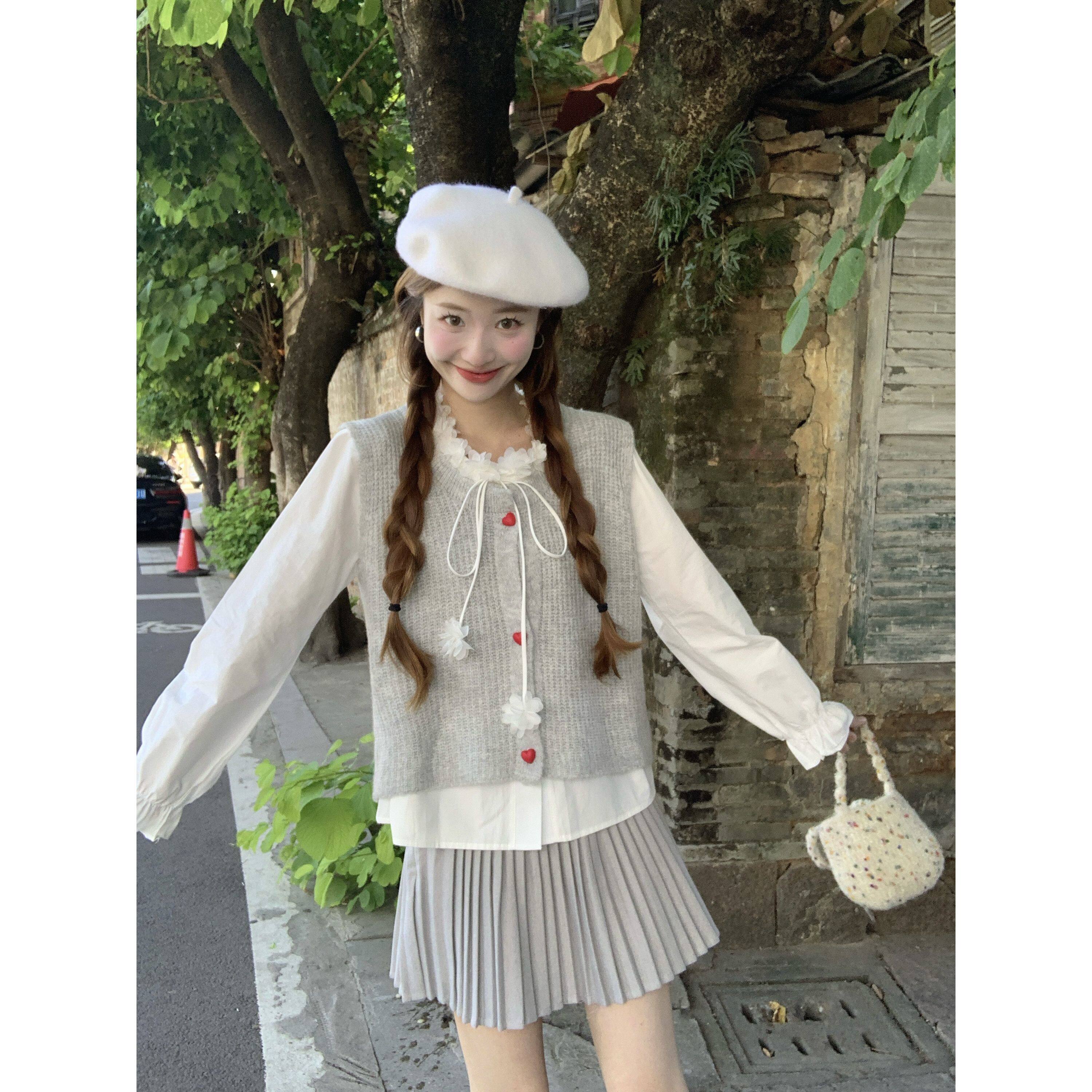 早春漂亮穿搭针织减龄马甲女+甜美立体花朵衬衫女绑带长袖上衣