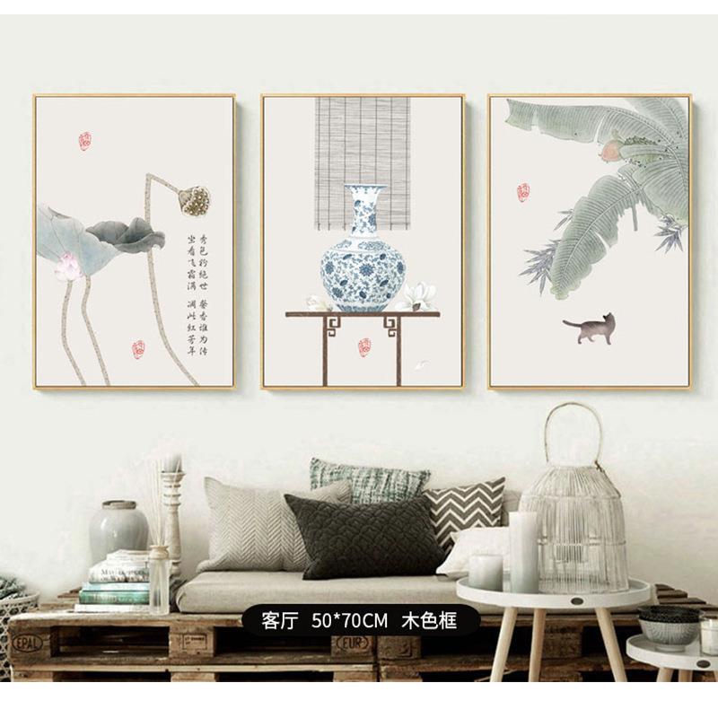 中式挂画样板房装饰画工厂 新中式沙发背景墙壁画花鸟三联画