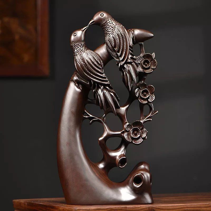 黑檀木雕喜上眉梢喜鹊摆件家居客厅电F视柜根雕红木工艺品乔迁送