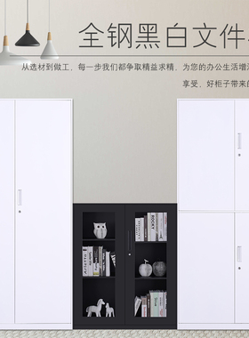 办公套色铁皮文件柜黑白色钢制玻璃E对开门档案资料矮柜储物更衣