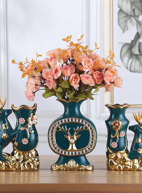 欧式家居饰品陶瓷花瓶客厅插花仿真花摆I设办公室桌面酒柜轻奢摆