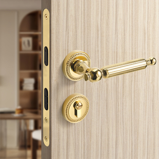 金色法式门锁卧室房间木门锁磁吸静音室内门把手奶V油风复古房门