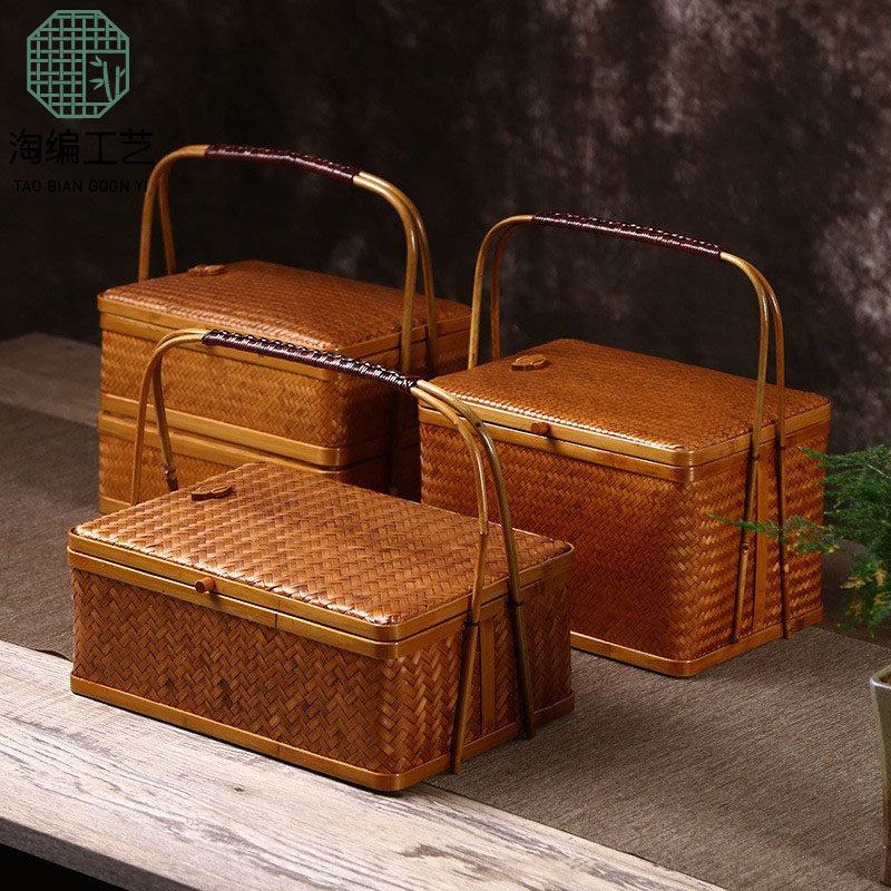 复古竹编双层食盒中n式点心手提篮茶具收纳盒礼品包装盒大号月饼