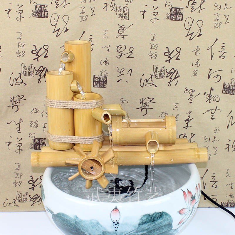 竹子流水过滤器摆件 鱼缸v石槽造景 水轮水车加湿器 鱼缸流水