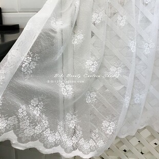 粉蓝色镂c空珍珠蕾丝半透明半帘厨房小窗帘装 饰门顶帘电视柜帘镜