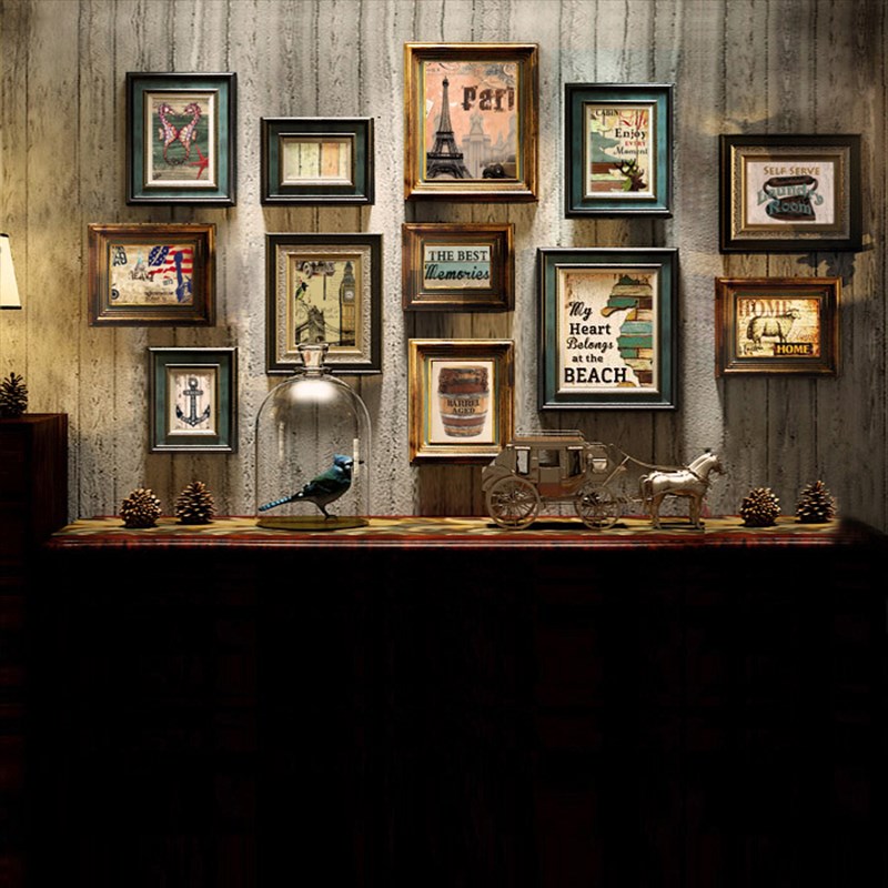 美式做旧实木复古照片p墙轻奢免打孔组合相框墙客厅餐厅复古背景