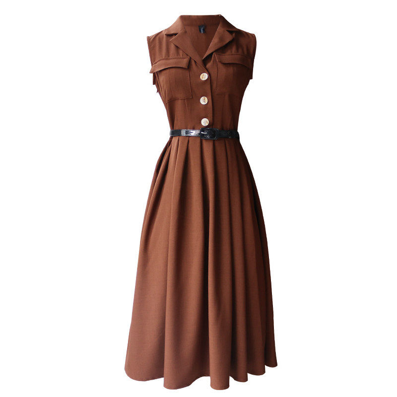 JUJU定制年代感复古风连衣裙西装领无袖工装裙收腰显瘦中长裙女夏