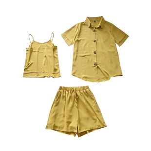 吊带背心 POLO领衬衫 短款 三件套 阔腿短裤 新款 夏季 纯色气质短袖