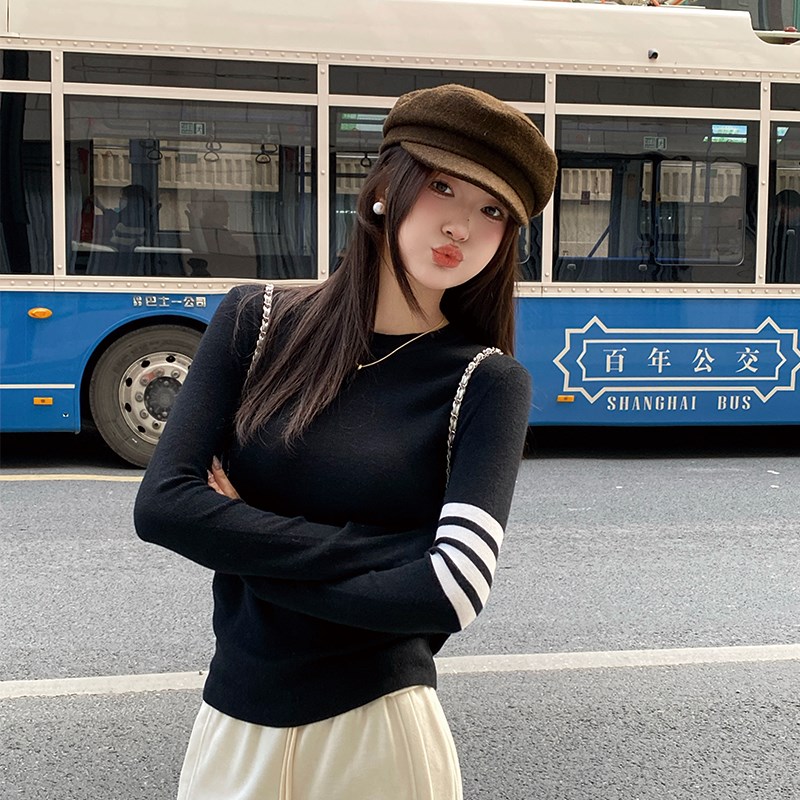 黑色条纹打底衫女秋冬季内搭2025新款圆领毛衣修身高级感针织上衣