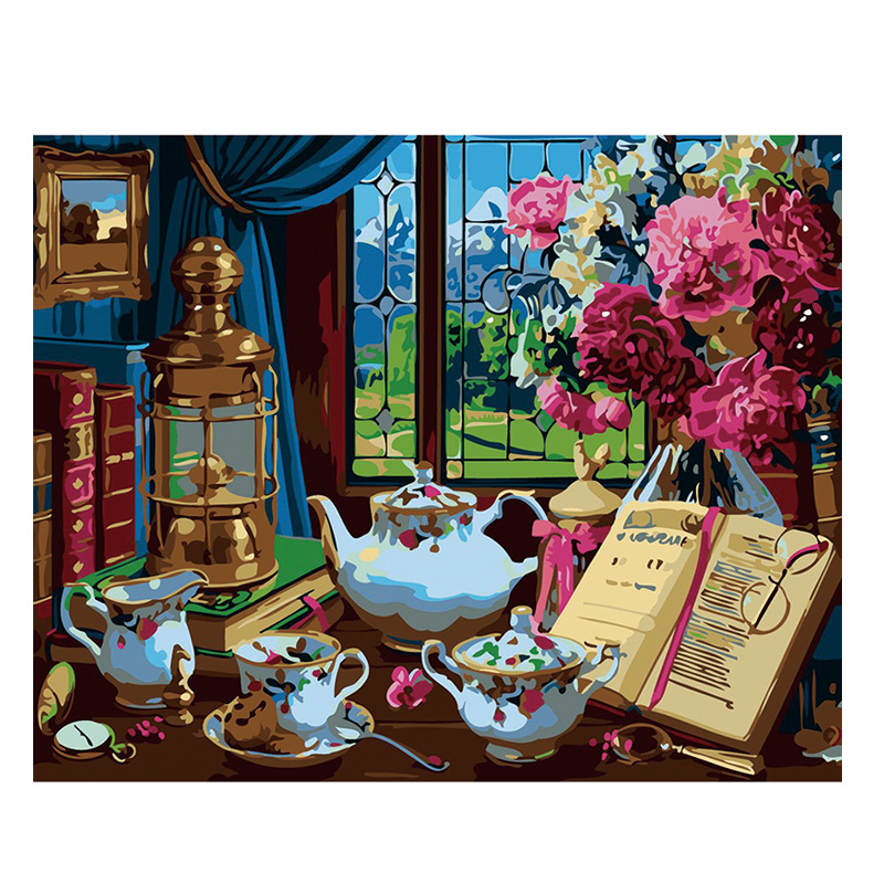 数字油画diy填充复古欧洲下午茶手工填色风景装饰画丙烯油彩画画图片