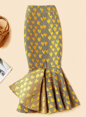 复古艺术感油画裙黄色波点鱼尾裙半身裙花裙子女高腰包臀长裙包裙