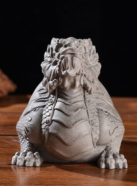 中式招财龙龟鱼缸造景装饰品创意青砂石书房桌面瑞兽玄武石雕摆件