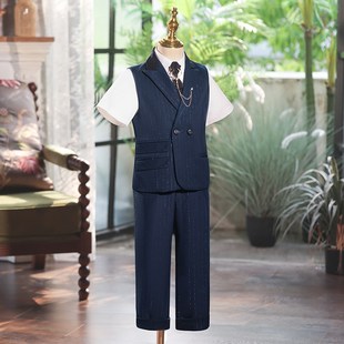 儿童西装套装2024新款夏季主持人礼服男童花童生日钢琴演出服条纹