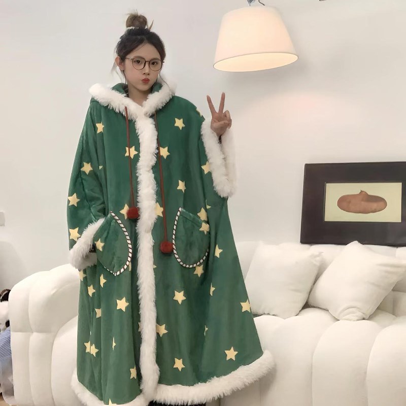 侘町2024年新款圣诞雪人法兰绒睡袍女秋冬款可外穿家居服斗篷睡衣