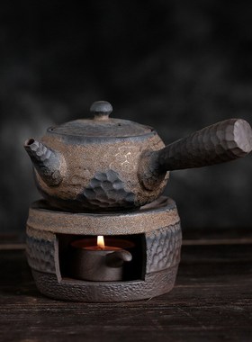 新中式软装茶馆茶室博古架复古摆件粗陶茶具茶壶仿古陶瓷提梁壶