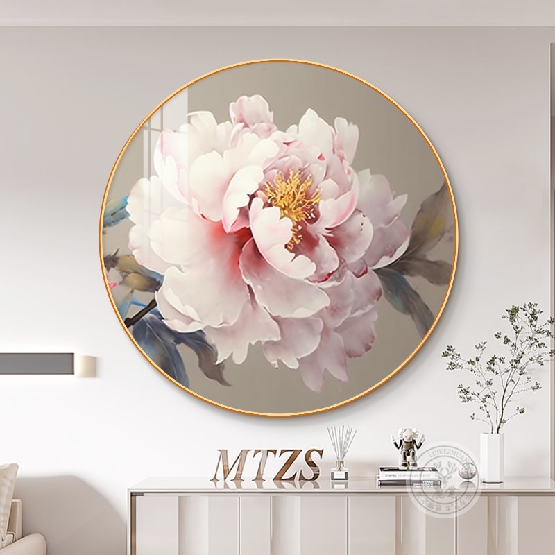 入户玄关牡丹花挂画正对门圆形装饰画走廊过道新中式花开富贵壁画