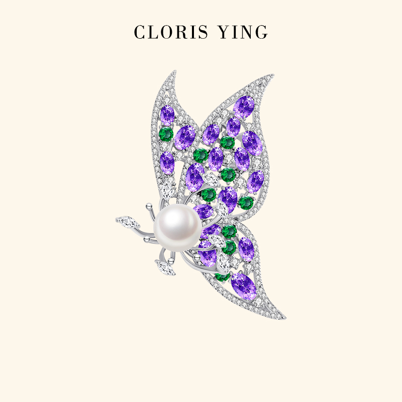 CLORIS YING璀璨彩钻蝴蝶淡水珍珠胸针个性闪耀锆石晚宴胸花配饰