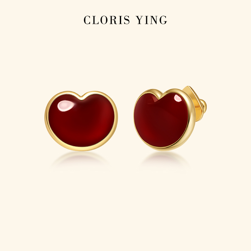 CLORIS  YING胖心玛瑙耳钉小众轻奢高级感礼物送女友红色爱心耳饰
