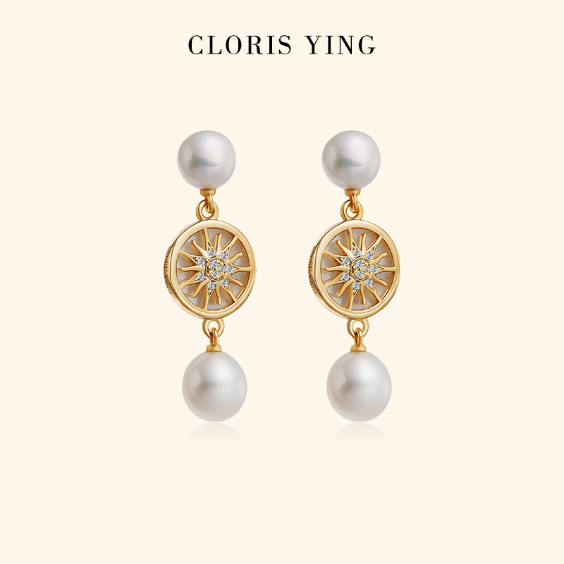 CLORIS  YING天然巴洛克珍珠耳钉高级感生日礼物贝母太阳神耳坠