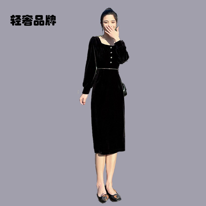 朗姿约定2025秋季新款法式赫本长裙高级感金丝绒长袖显瘦连衣裙女