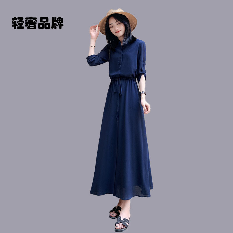朗姿约定衬衫领雪纺连衣裙女2026春秋新款A字抽绳轻熟风长裙子
