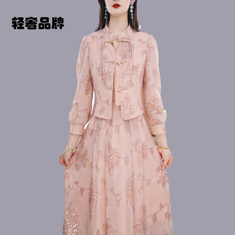 朗姿约定新中式套装裙女2025新款秋季盘扣复古外套连衣裙两件套