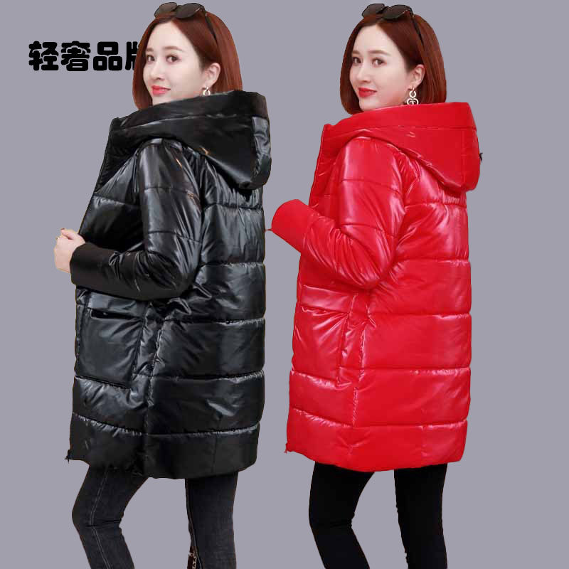 朗姿约定亮面中长款羽绒棉服女新款冬季显瘦妈妈连帽加厚棉衣外套