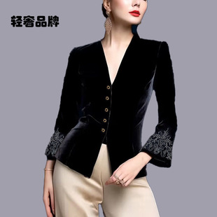 朗姿约定高端丝绒短款中式外套秋冬女2026新款法式洋气绣花气质